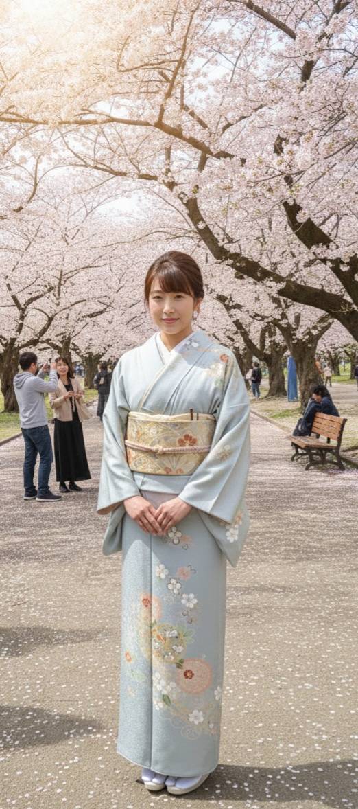 桜の下で着物姿の女性